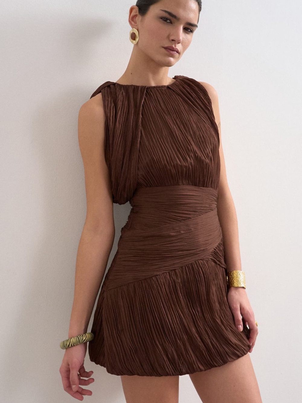 Topshop Brown Sleeveless Pleated Mini Dress